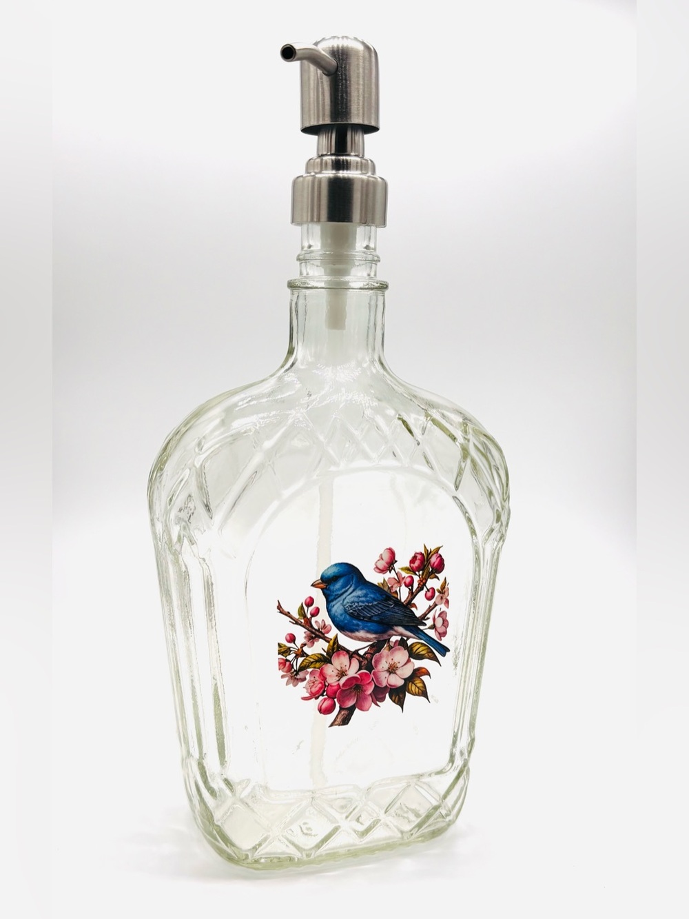 Upcycled Crown Royal Glass Soap Multi-Use Dispenser • Bluebird Cherry Blossoms